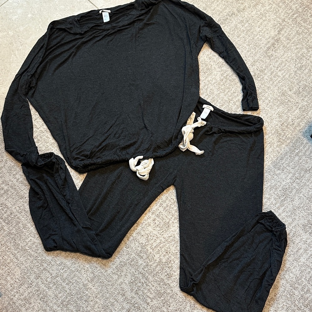 Eberjey Charcoal Slouchy Set with Cream Drawstrings, XS